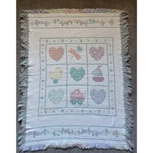 Vtg 90s woven tapestry baby blanket - Pastel Wall Hanging Fringe Country Hearts